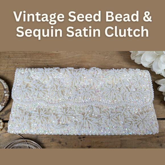 Vintage 60s Seed Bead & Sequin Ivory Floral Satin Clutch Evening Bag Hong Kong - Picture 1 of 10